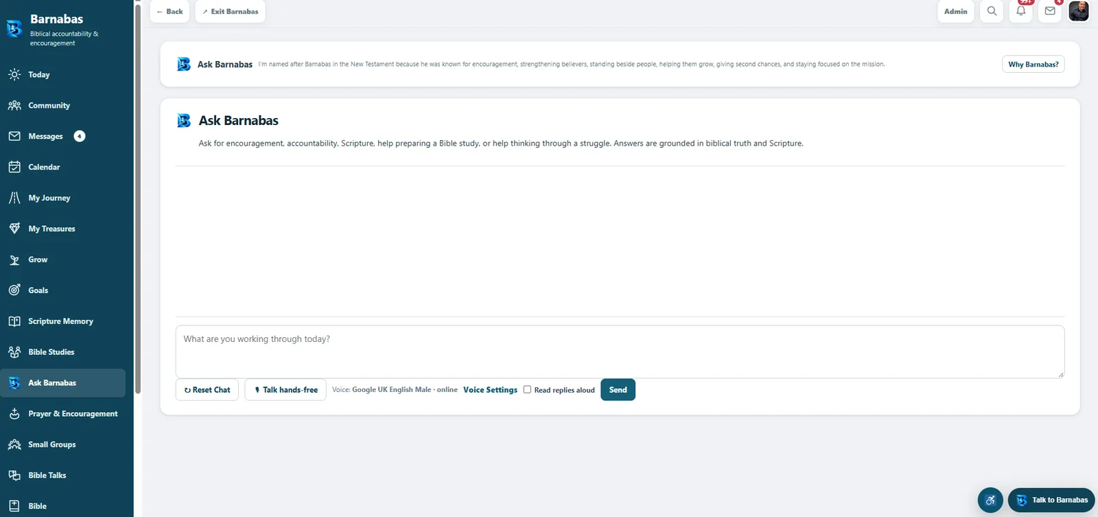Actual Barnabas platform showing Ask Barnabas, community navigation, Scripture, Bible studies, groups and messages